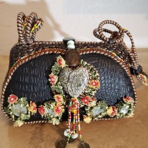 Mery Frances Handcrafted Black Floral Embellished Bag